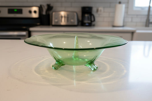Fostoria 2394 Green 12" 3-Toed Footed Bowl Excellent Condition Glows Uranium Glass