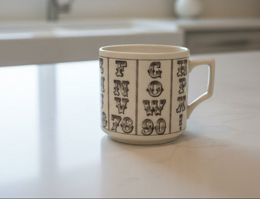Alphabet Numbers Coffee Cup Mug White Black 3 3/8" Tall No Branding