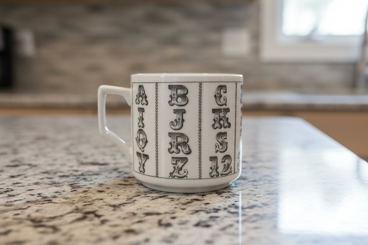 Alphabet Numbers Coffee Cup Mug White Black 3 3/8" Tall No Branding
