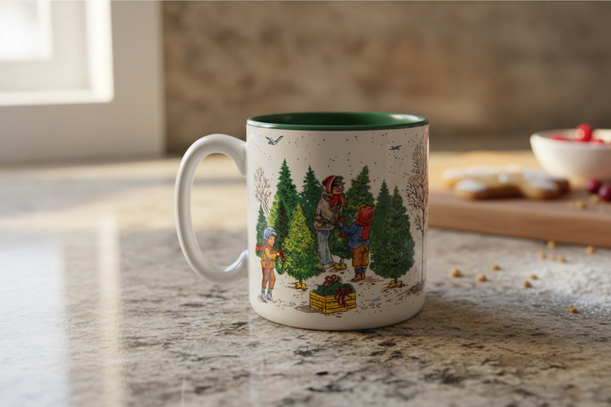 Christmas Tree Decorating Coffee Mug Cup Green Interior 3.5" Tall Potpourri Press 1989