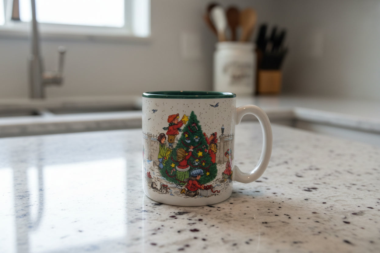 Christmas Tree Decorating Coffee Mug Cup Green Interior 3.5" Tall Potpourri Press 1989