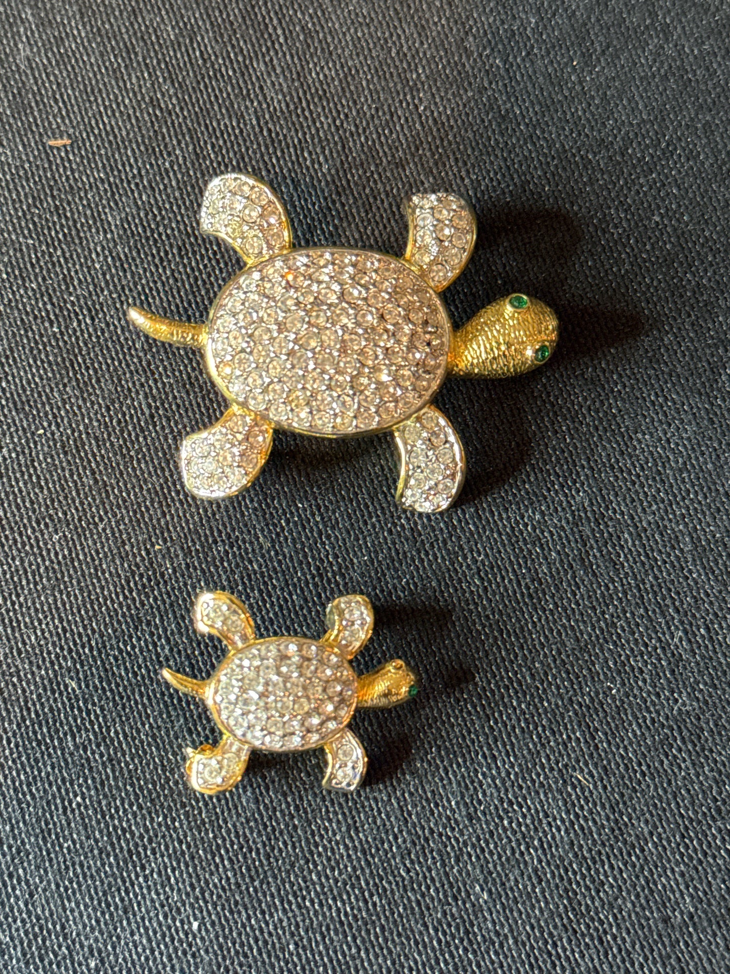 Vintage Joan Rivers Gold Tone & Rhinestone Turtle Pins/Brooches Green Eyes