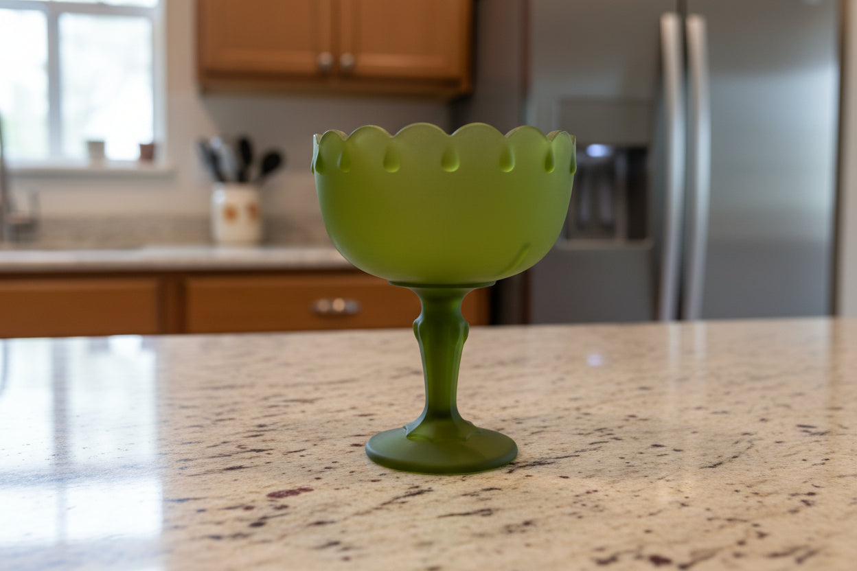 Indiana Glass Teardrop Green Frosted 7 3/8" Tall Compote Pedestal Bowl