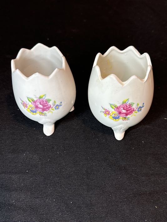 Pair of Inarco Vintage 3 Footed Cracked Egg Vase Flowers Rose Ceramic Porcelain 3" Tall