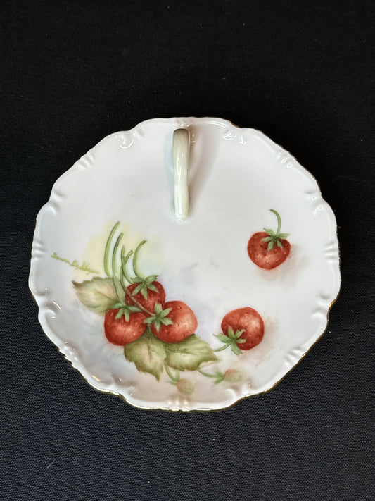 1960s-70s Hand Painted Strawberries Fine China Nappy Plate 6" Wide