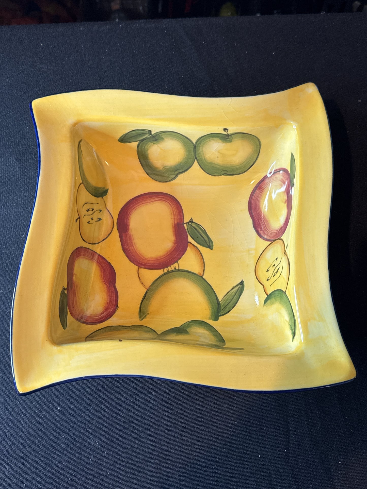 WCL Apple Bowl Hand Painted 9" Square 3" Deep Red Green Apples Blue Trim China