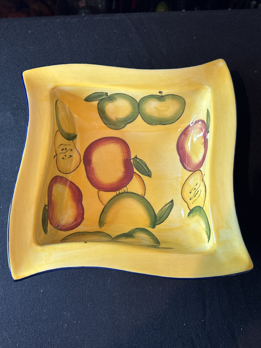 WCL Apple Bowl Hand Painted 9" Square 3" Deep Red Green Apples Blue Trim China