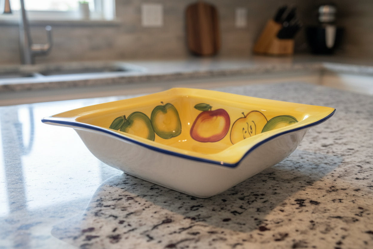 WCL Apple Bowl Hand Painted 9" Square 3" Deep Red Green Apples Blue Trim China