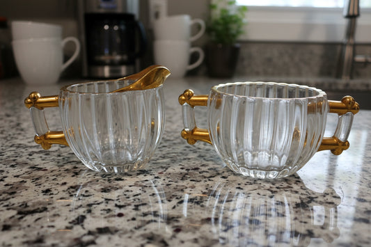 Vintage Set of 2 Hobnail Glass Creamer and Open Sugar Bowl w/ Gold Apply Trim 3" Tall