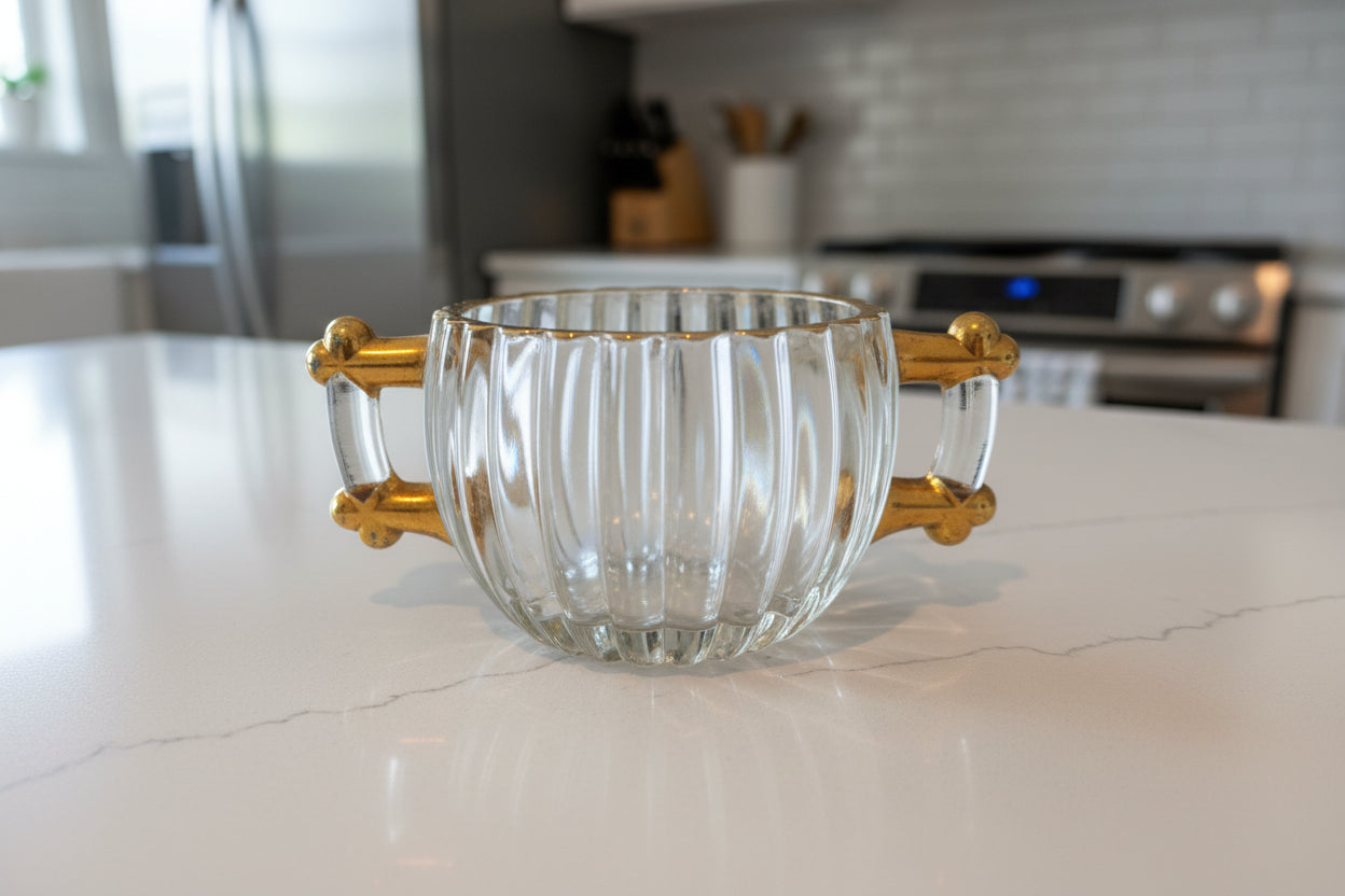 Vintage Set of 2 Hobnail Glass Creamer and Open Sugar Bowl w/ Gold Apply Trim 3" Tall