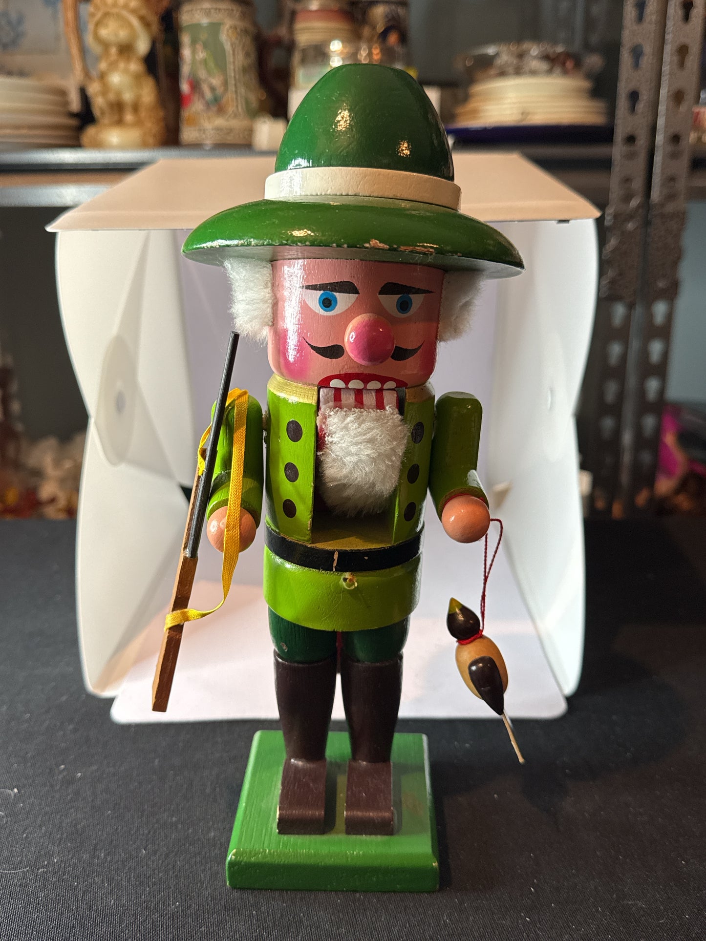 Vintage Wooden Christmas Nutcracker 10.25" Tall Hunter w/ Game Bird & Gun Green Wood