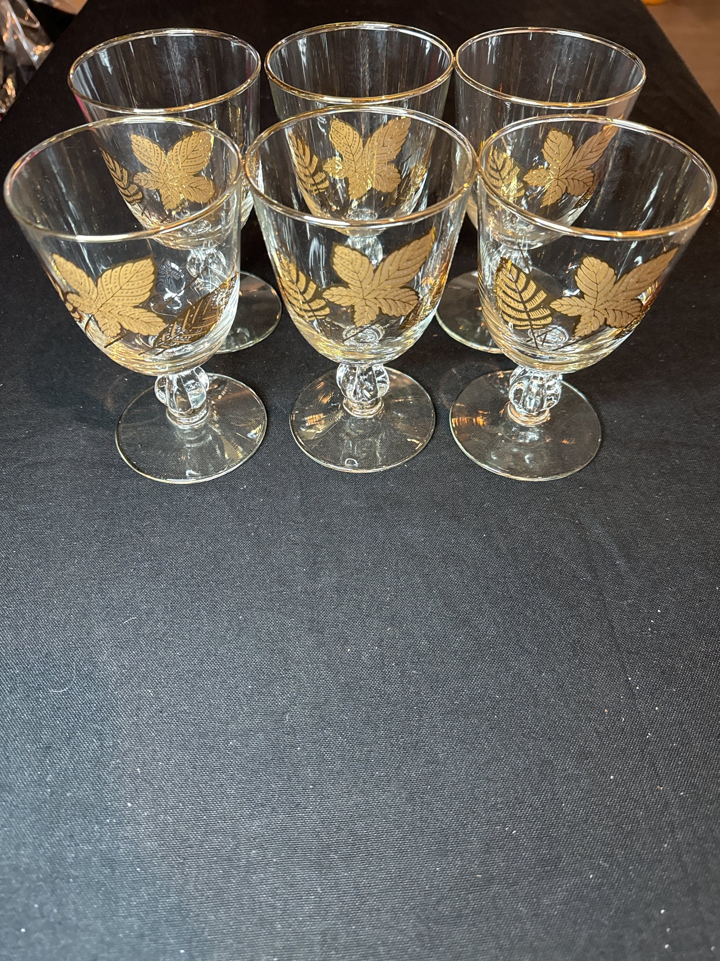 Set of 6 Libbey Gold Leaves Pattern Water Goblet 5.5" Tall