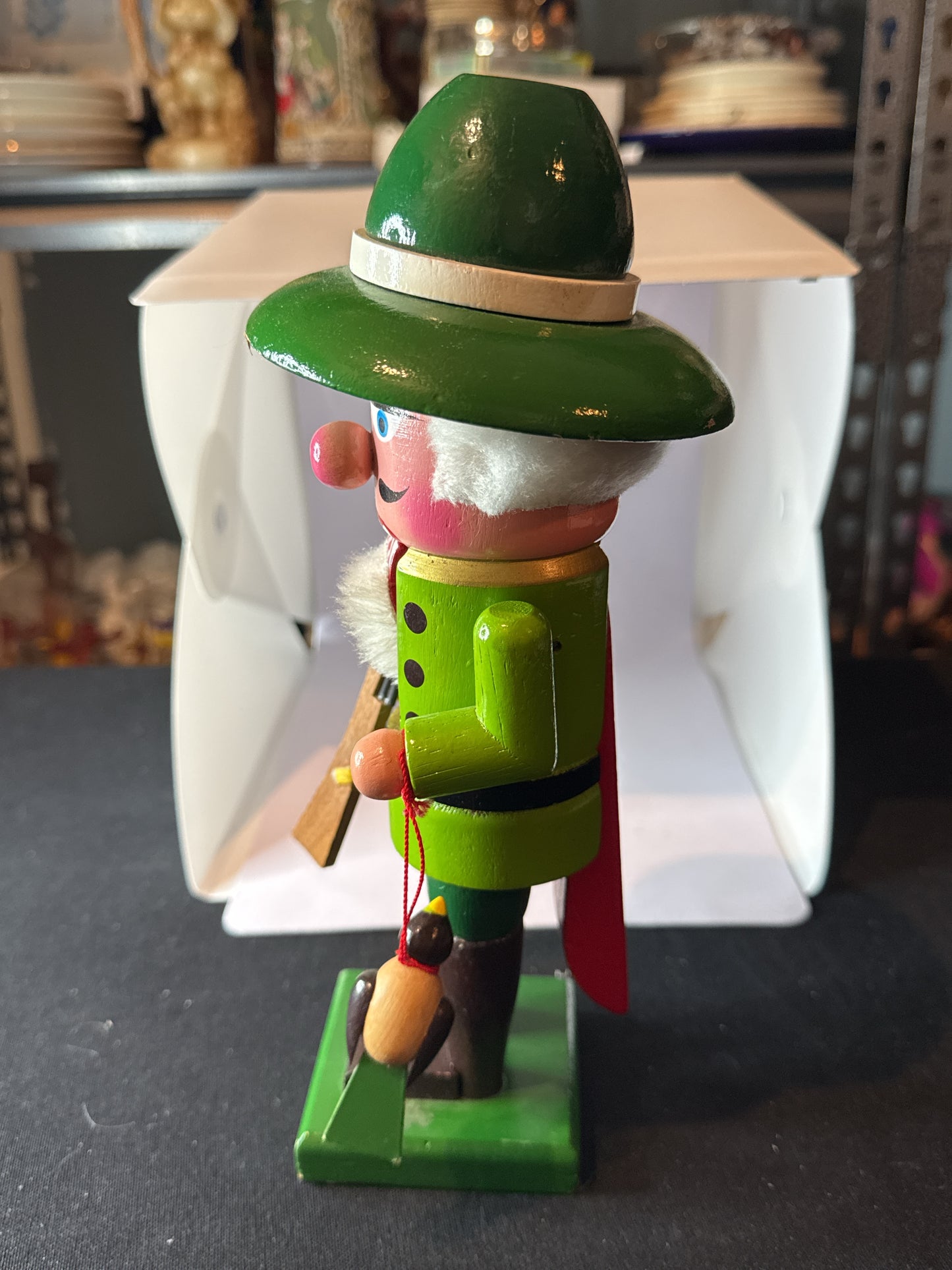 Vintage Wooden Christmas Nutcracker 10.25" Tall Hunter w/ Game Bird & Gun Green Wood