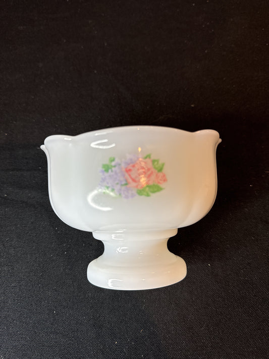 Avon Milk Glass Rose Lilac Floral Pedestal Oval Scalloped Soap or Candy Dish 3.25" Tall