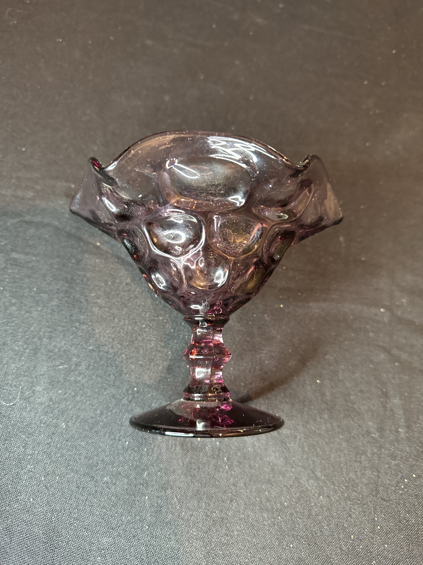 Ruffled Edge Glass Amethyst Purple Candy Dish Compote 5" Tall