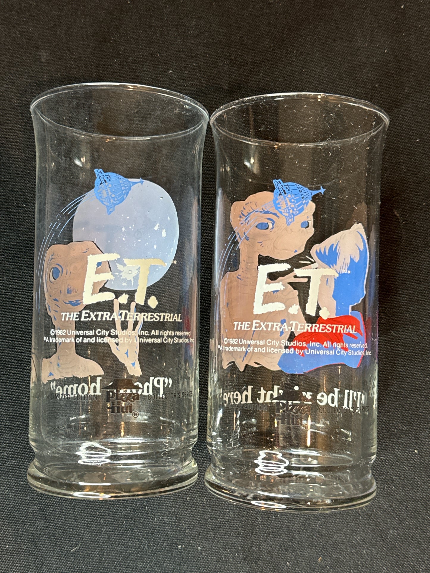 Pair of E.T. Phone Home and I'll Be Right Here 1982 Limited Edition Pizza Hut Collector's Glasses