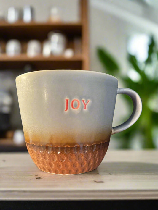 Spectrum Designz Coffee Cup Mug "Joy" Gray/Brown 3.75" Tall 4.5" Wide Never Used
