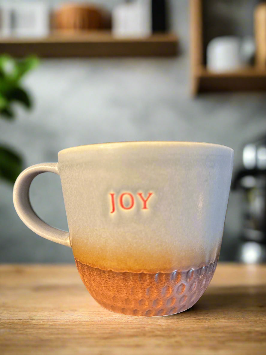 Spectrum Designz Coffee Cup Mug "Joy" Gray/Brown 3.75" Tall 4.5" Wide Never Used