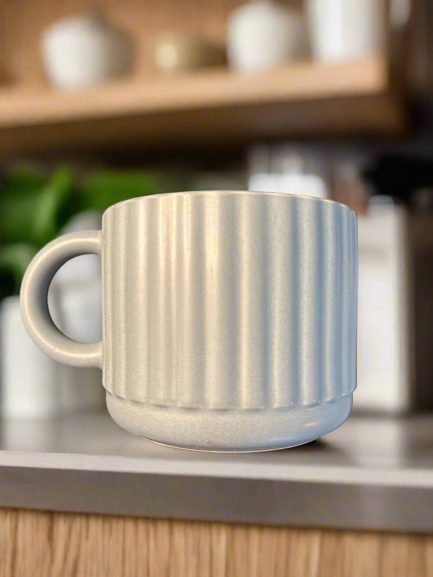 Pfaltzgraff Coffe Cup Mug Blue 3 5/8" Tall 4.25" Wide Ridged Sides Never Used