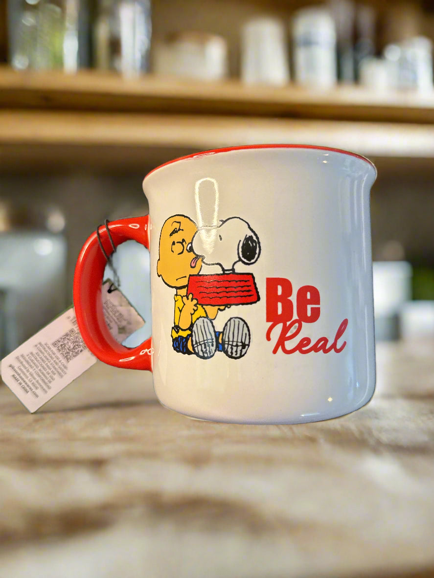 Gibson Peanuts Coffee Mug Cup "Be Real" Charlie Brown Snoopy Red Interior 4.25" Tall New