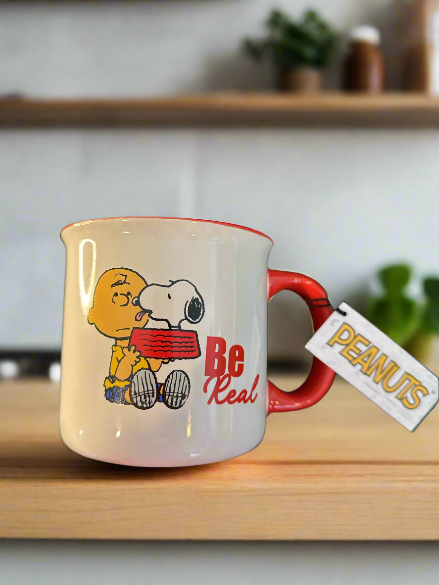Gibson Peanuts Coffee Mug Cup "Be Real" Charlie Brown Snoopy Red Interior 4.25" Tall New