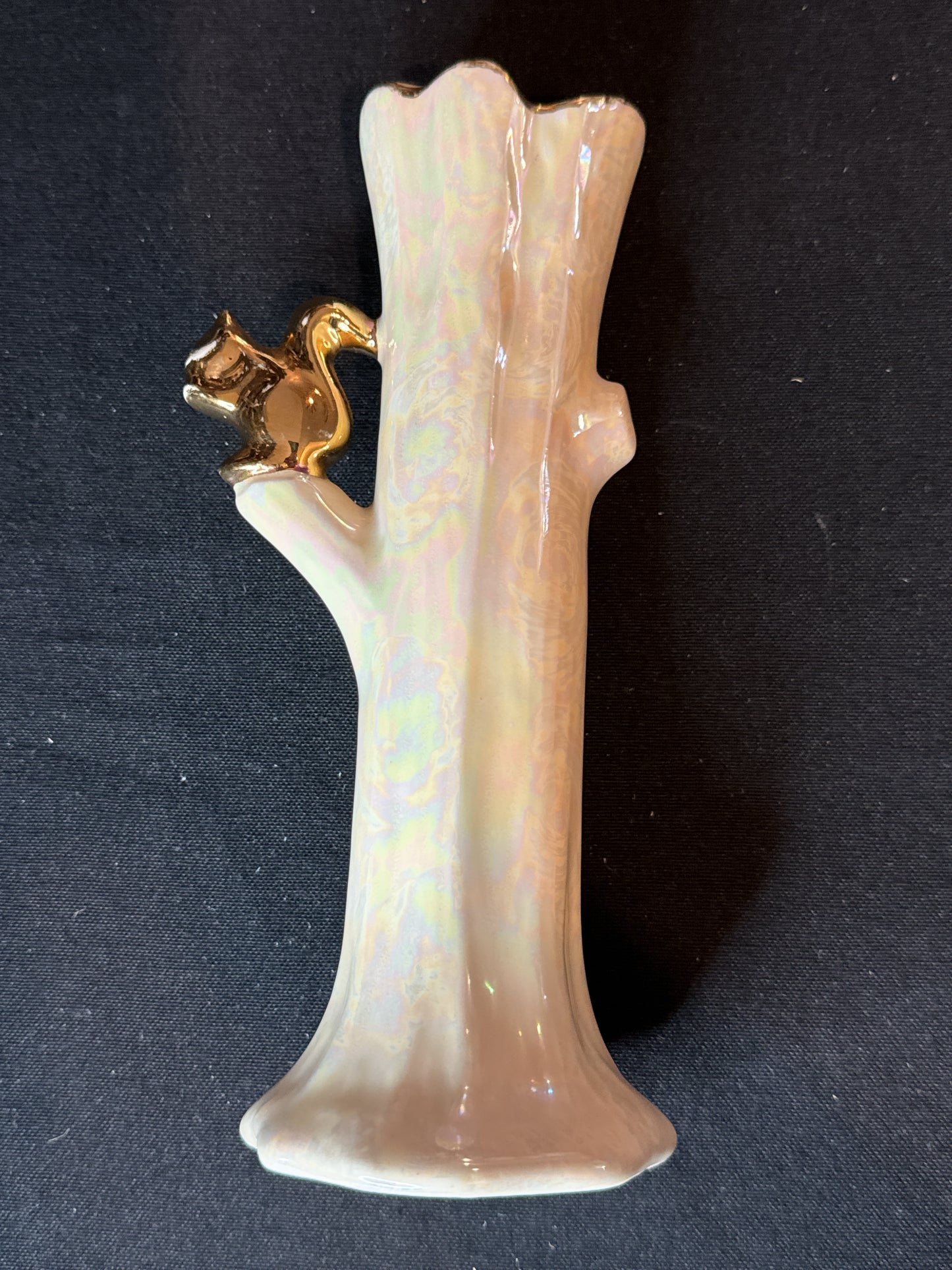 Vintage Lusterware Iridescent Ceramic Gold Trim Tree Trunk Vase with Squirrel 8.25" Tall