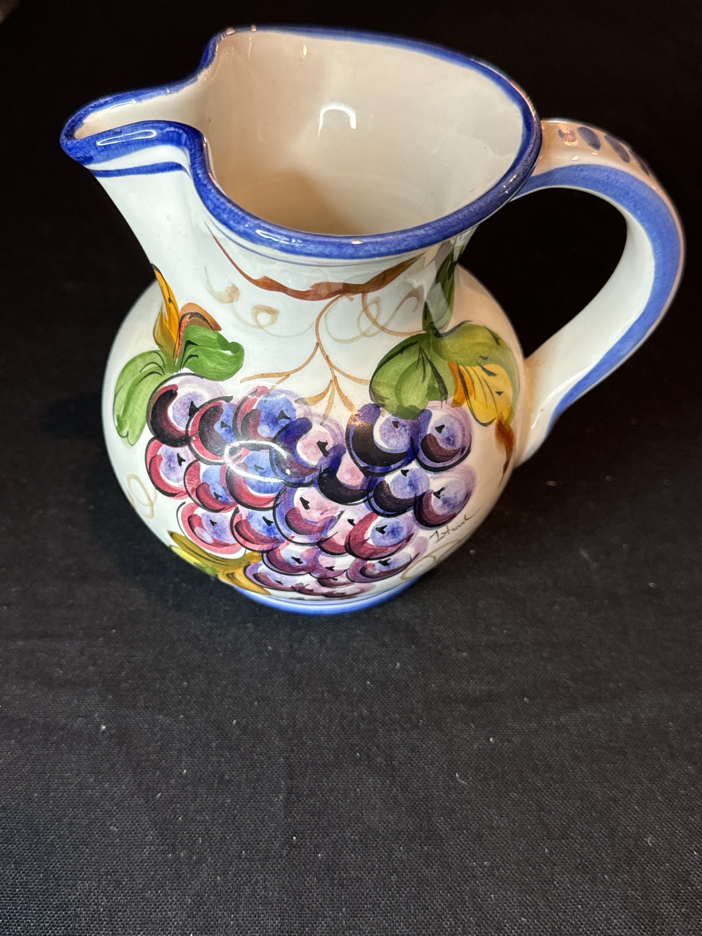 Intrada Made in Italy 18oz Hand Painted Grapes Blue Trim Ceramic Pottery Pitcher 5.75" Tall