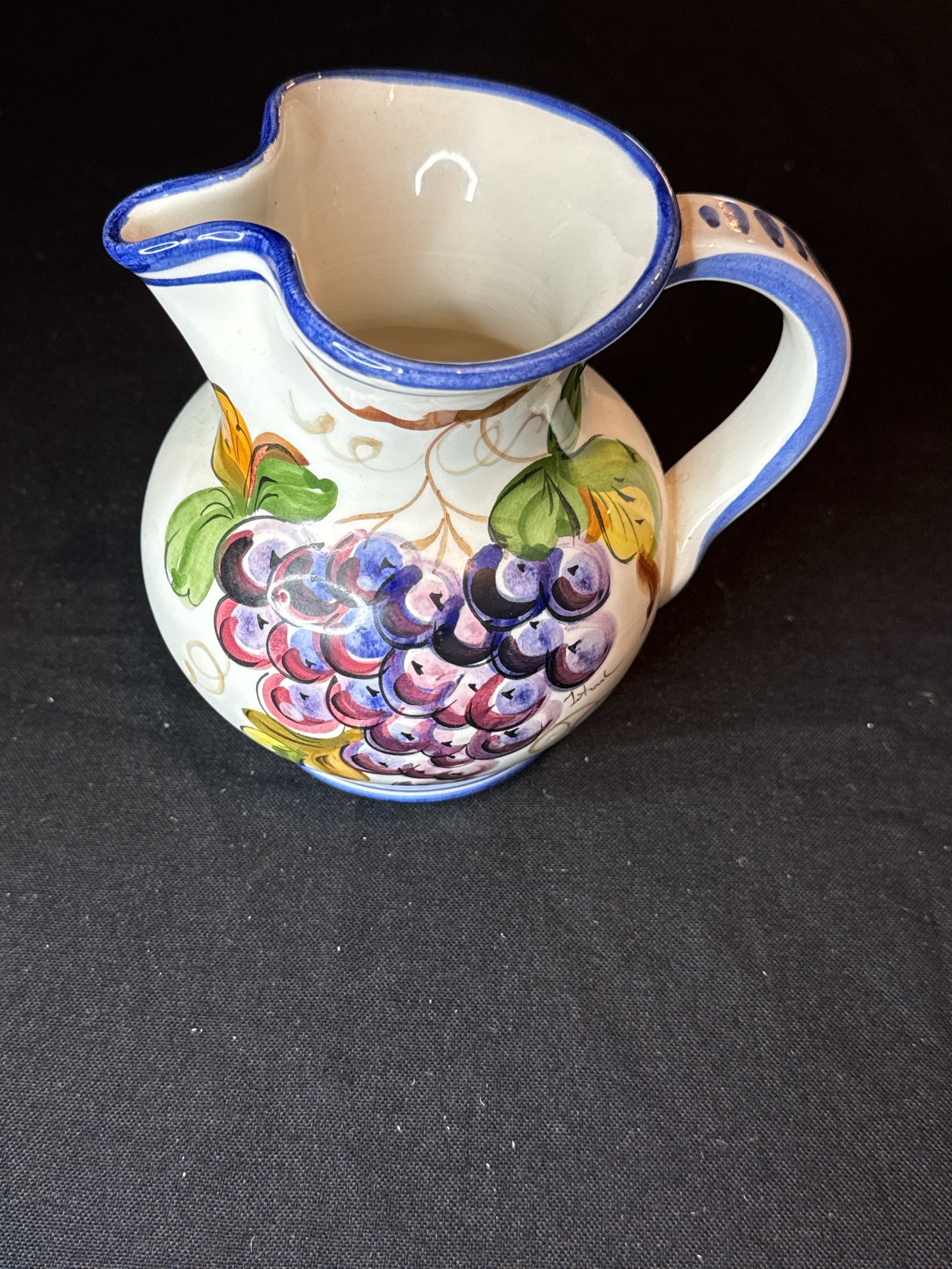 Intrada Made in Italy 18oz Hand Painted Grapes Blue Trim Ceramic Pottery Pitcher 5.75" Tall