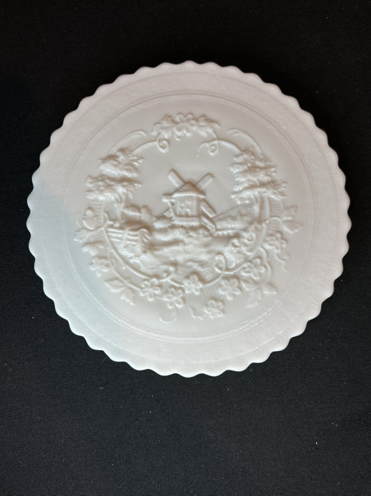 Vintage Victorian White Milk Glass Satin Plate with Dutch Windmill Scalloped Edge 9 3/8" Wide