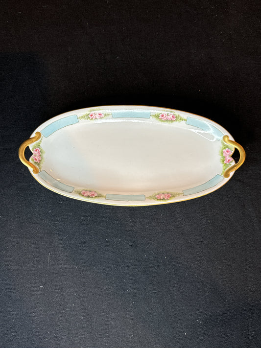 Art Nouveau Oblong Handled Rose Dish Celery Dish 9 5/8" Long