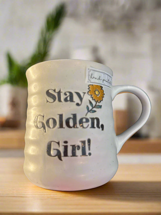 Stay Golden Girl! Coffee Cup Mug 4.5" Tall Gold Interior Hand Painted Ribbed Outside New
