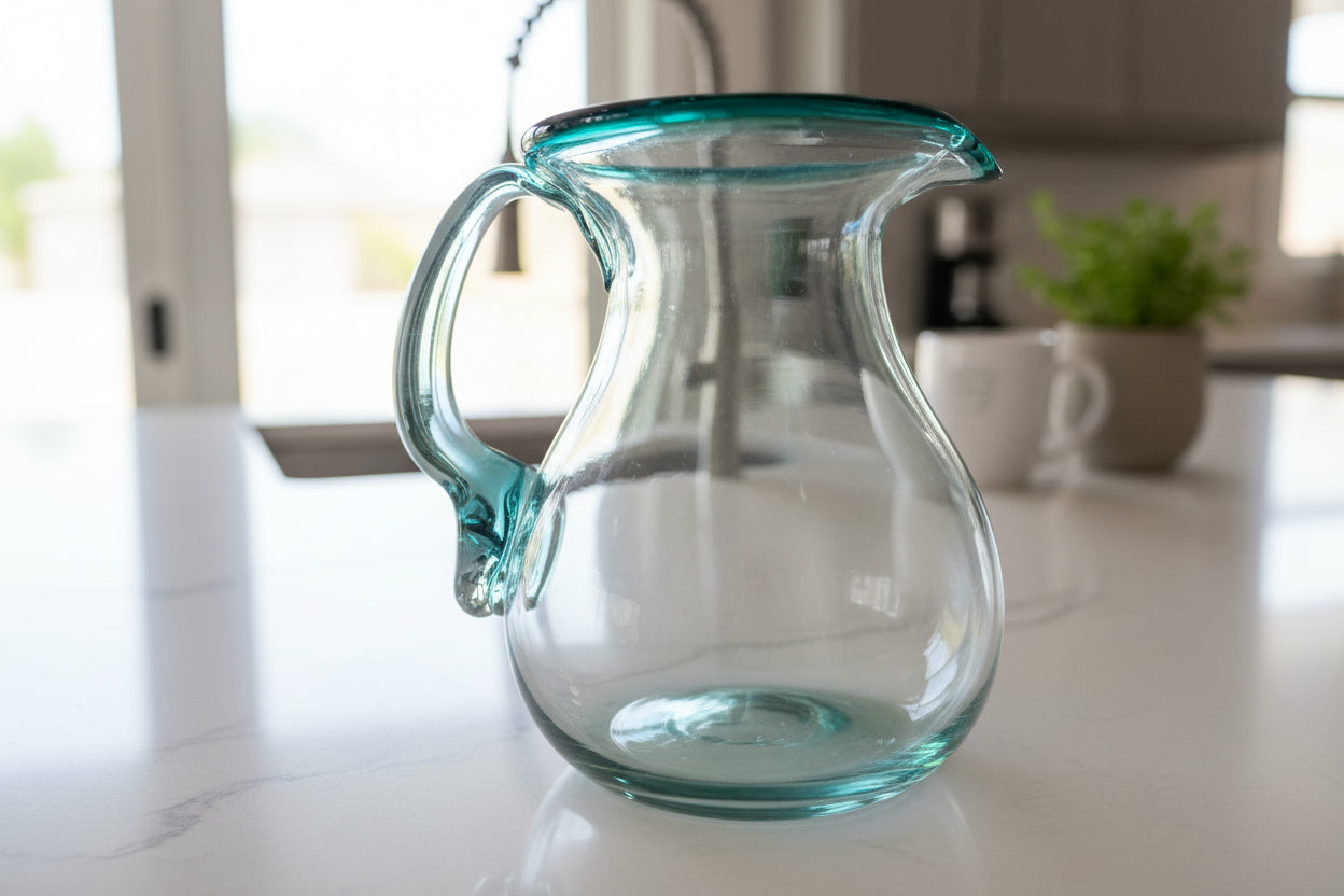 Bluish Clear Glass Pitcher 7" Tall Art Glass Hand Blown New