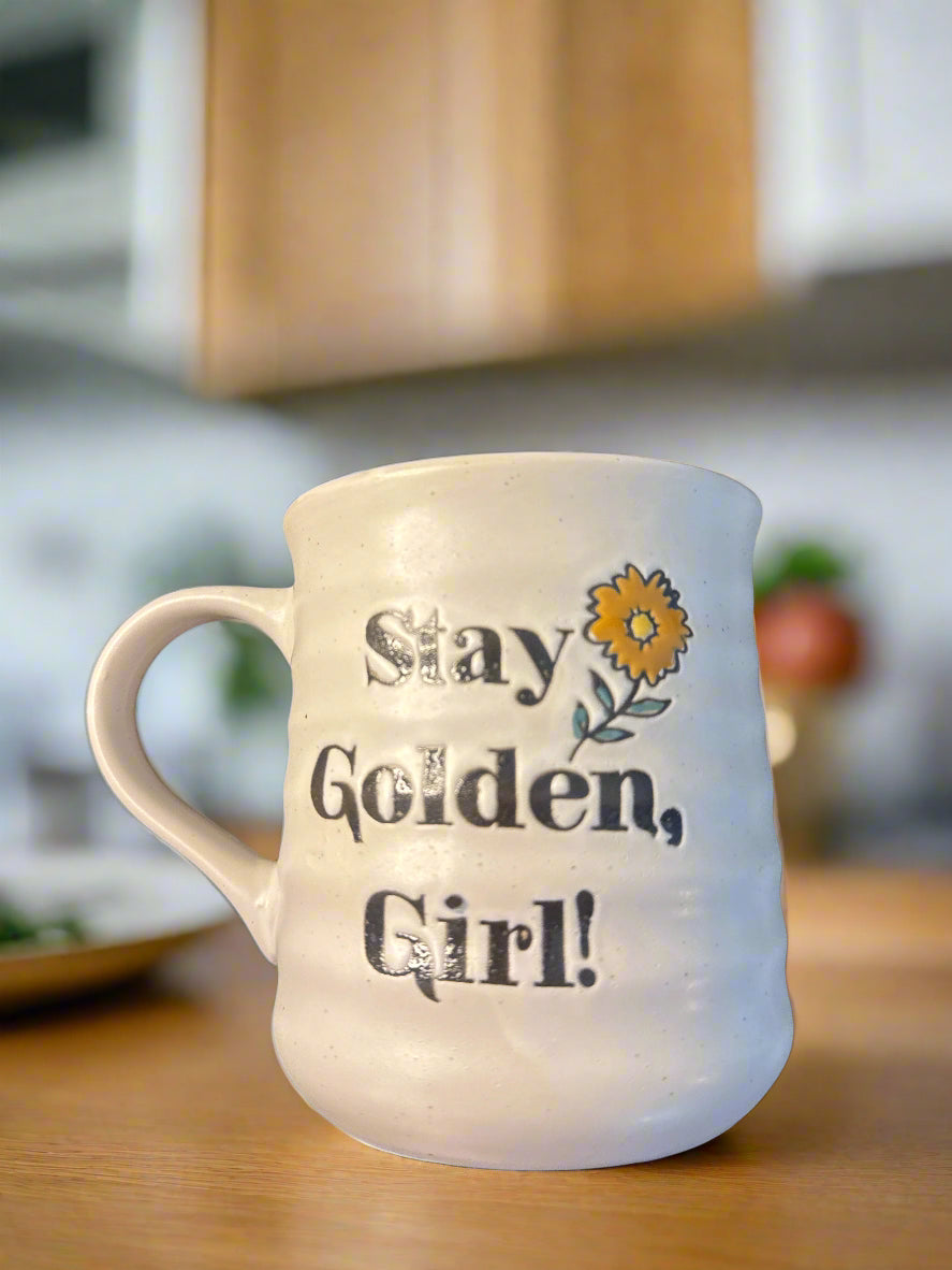 Stay Golden Girl! Coffee Cup Mug 4.5" Tall Gold Interior Hand Painted Ribbed Outside New