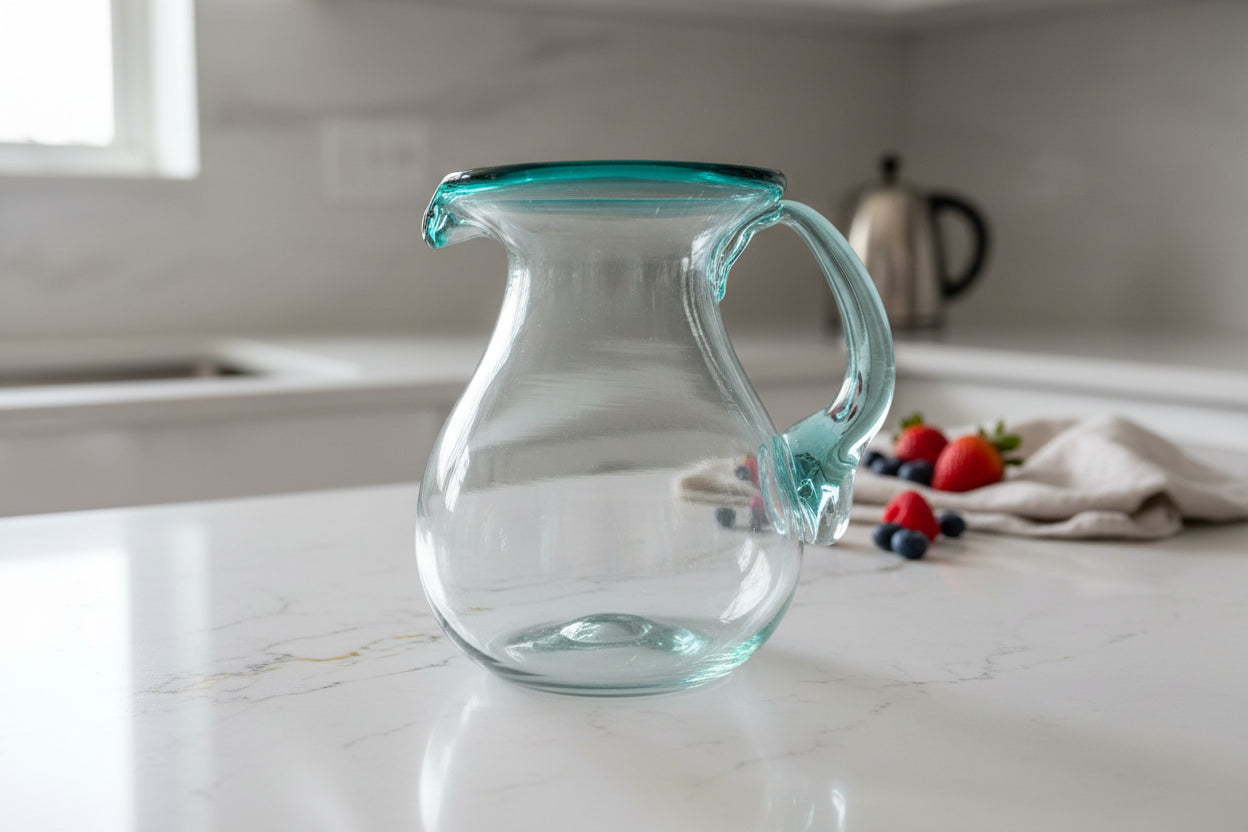 Bluish Clear Glass Pitcher 7" Tall Art Glass Hand Blown New