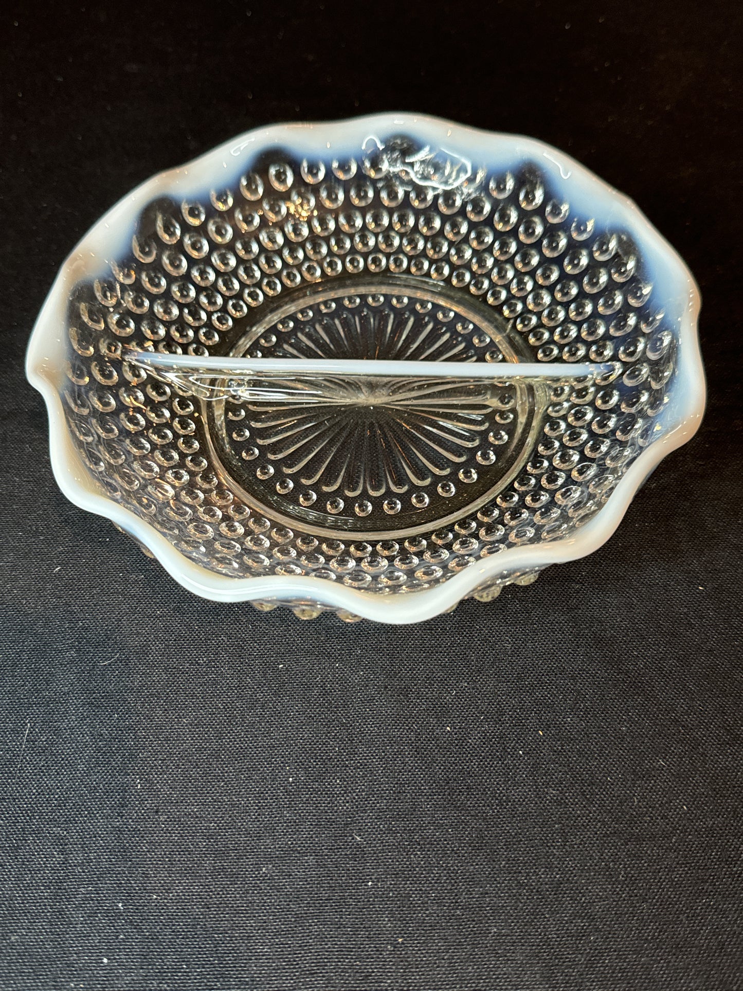 Vintage Moonstone White Opalescent Hobnail Divided Dish Candy Nuts Relish 7.5"