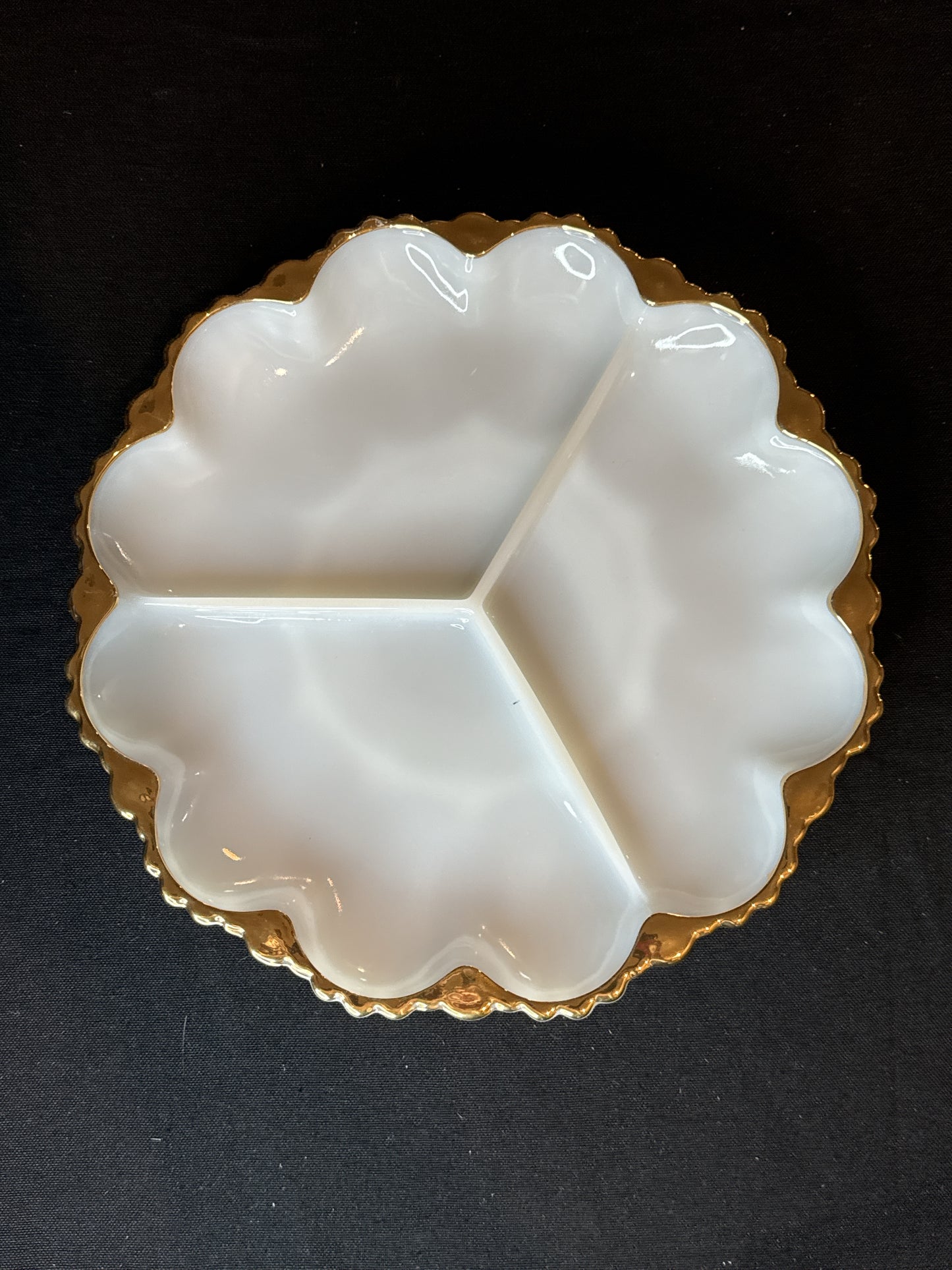 Vintage Milk Glass 3 Section Plate with Gold Trim 9.75" Wide