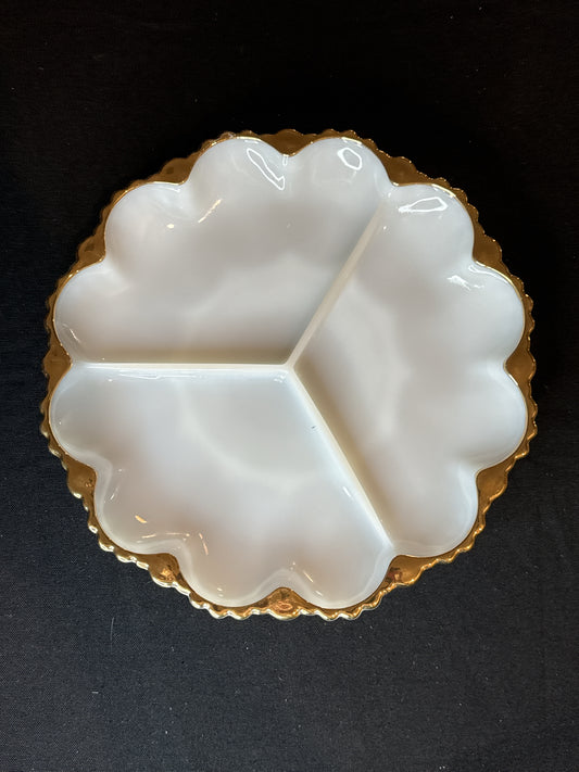 Vintage Milk Glass 3 Section Plate with Gold Trim 9.75" Wide