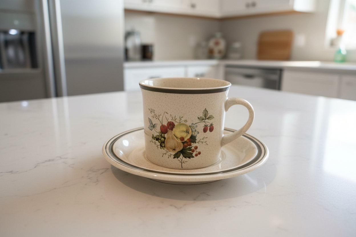 Royal Doulton Lambethware Cornwall 2 7/8" Tall Flat Cup & Saucer Double Green Trim