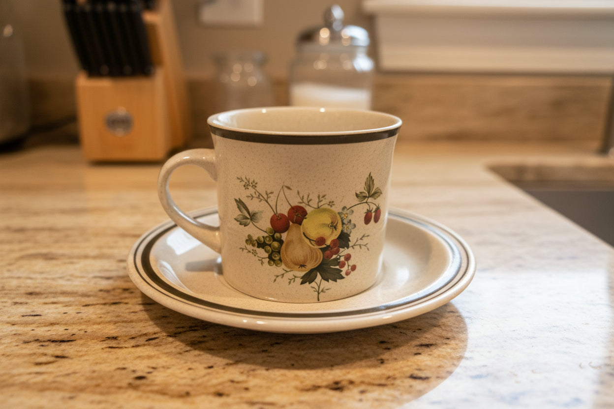Royal Doulton Lambethware Cornwall 2 7/8" Tall Flat Cup & Saucer Double Green Trim