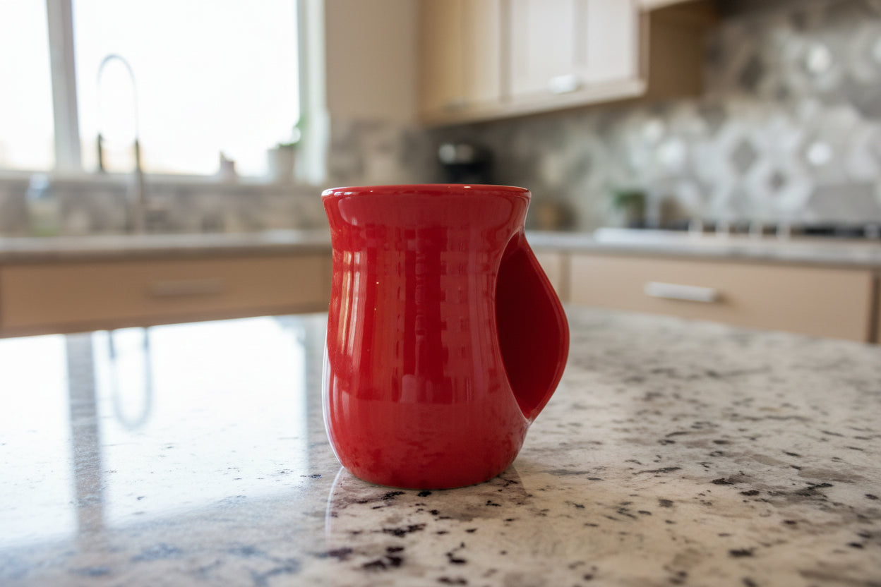 DEI Dennis East Hand Warmer Mug Red Coffee Cup Mug Stoneware Right Hand 5" Tall