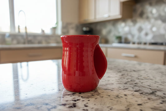 DEI Dennis East Hand Warmer Mug Red Coffee Cup Mug Stoneware Right Hand 5" Tall