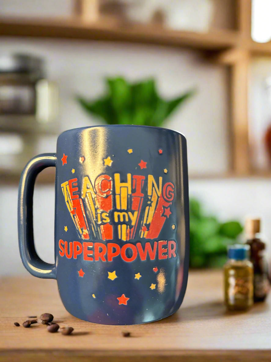Market Finds "Teaching is My SuperPower" Blue Coffee Cup Mug 4.5" Tall New