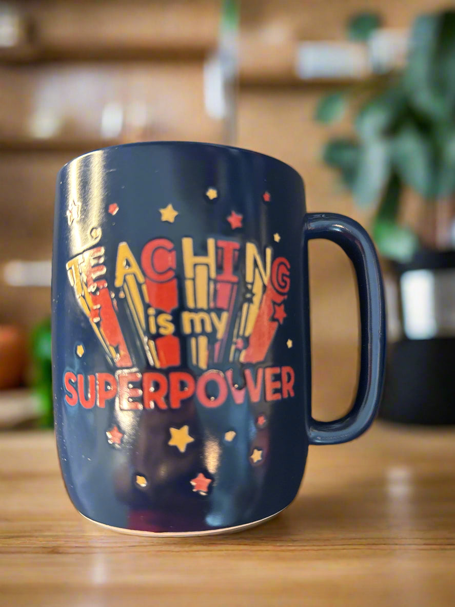 Market Finds "Teaching is My SuperPower" Blue Coffee Cup Mug 4.5" Tall New