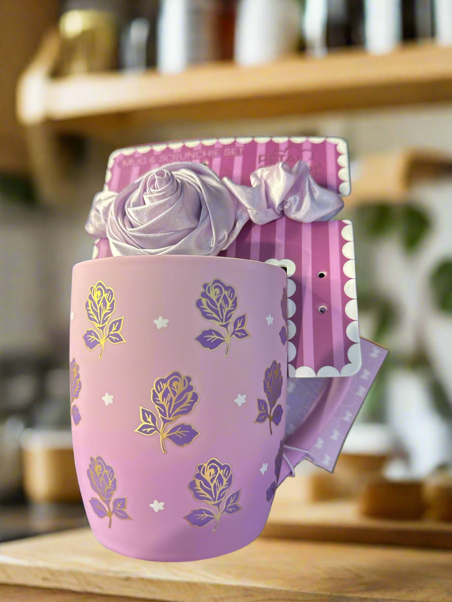 Petal & Pearl Purple Floral Soft Feel Coffee Cup Mug & Scrunchie Set 4.5" Tall New