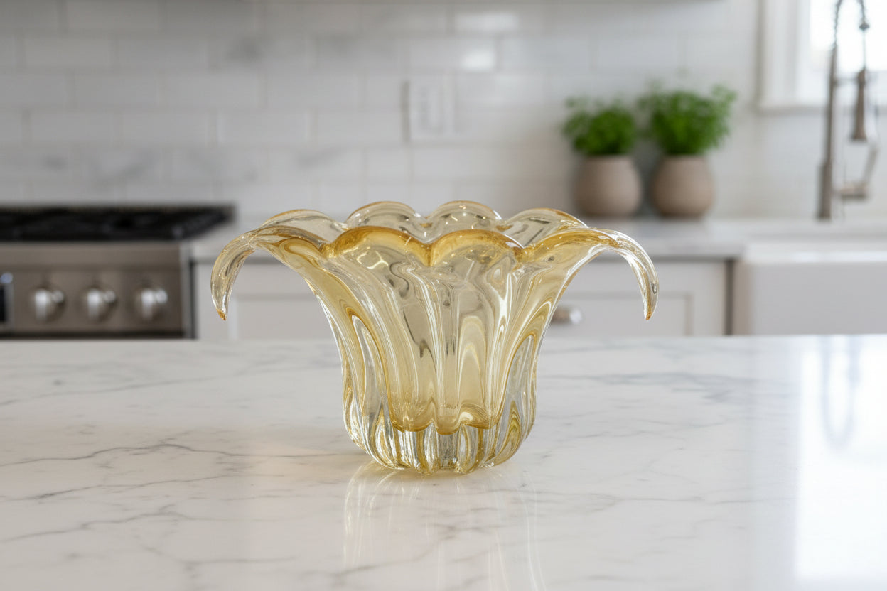 Mid Century Murano for Teleflora Art Glass Citrine Waterfall Floral Vase 9" x 5" x 5.25" Tall
