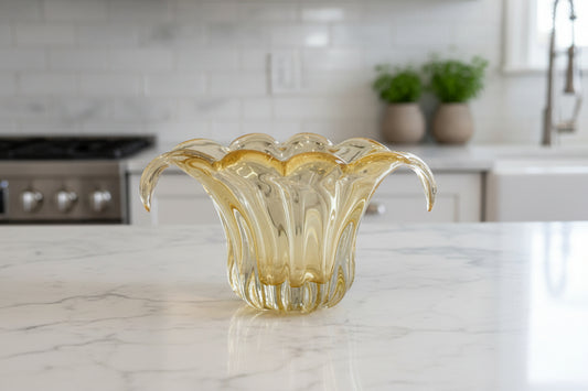 Mid Century Murano for Teleflora Art Glass Citrine Waterfall Floral Vase 9" x 5" x 5.25" Tall