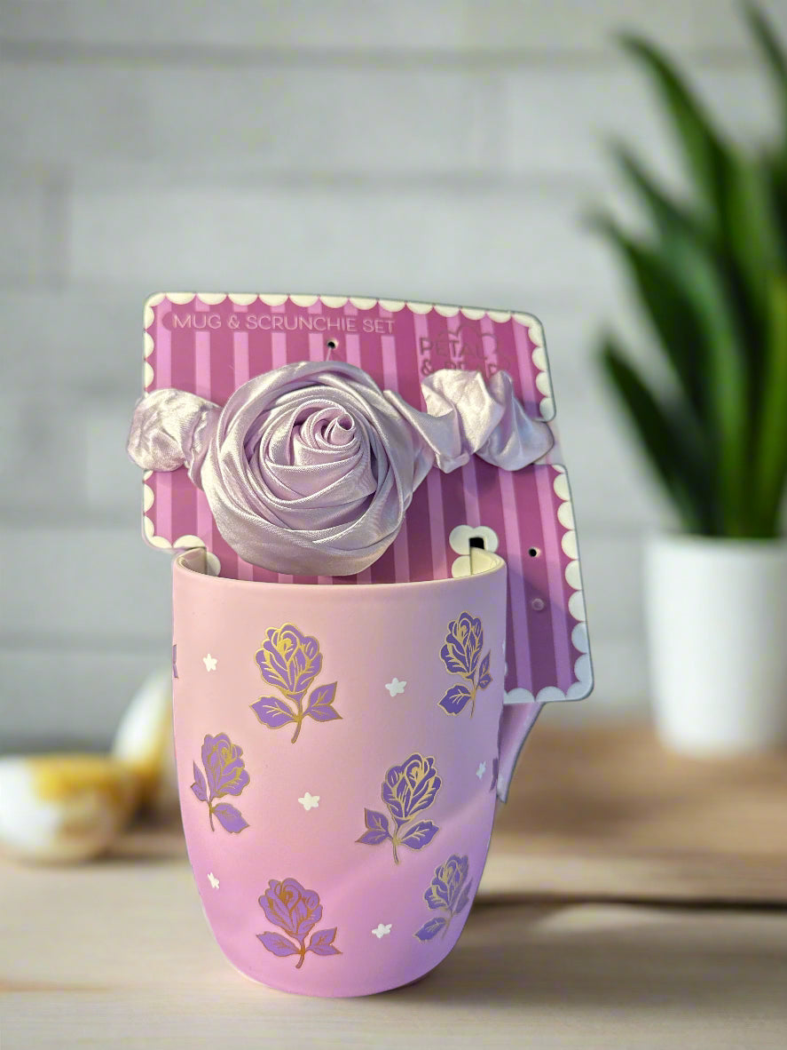 Petal & Pearl Purple Floral Soft Feel Coffee Cup Mug & Scrunchie Set 4.5" Tall New