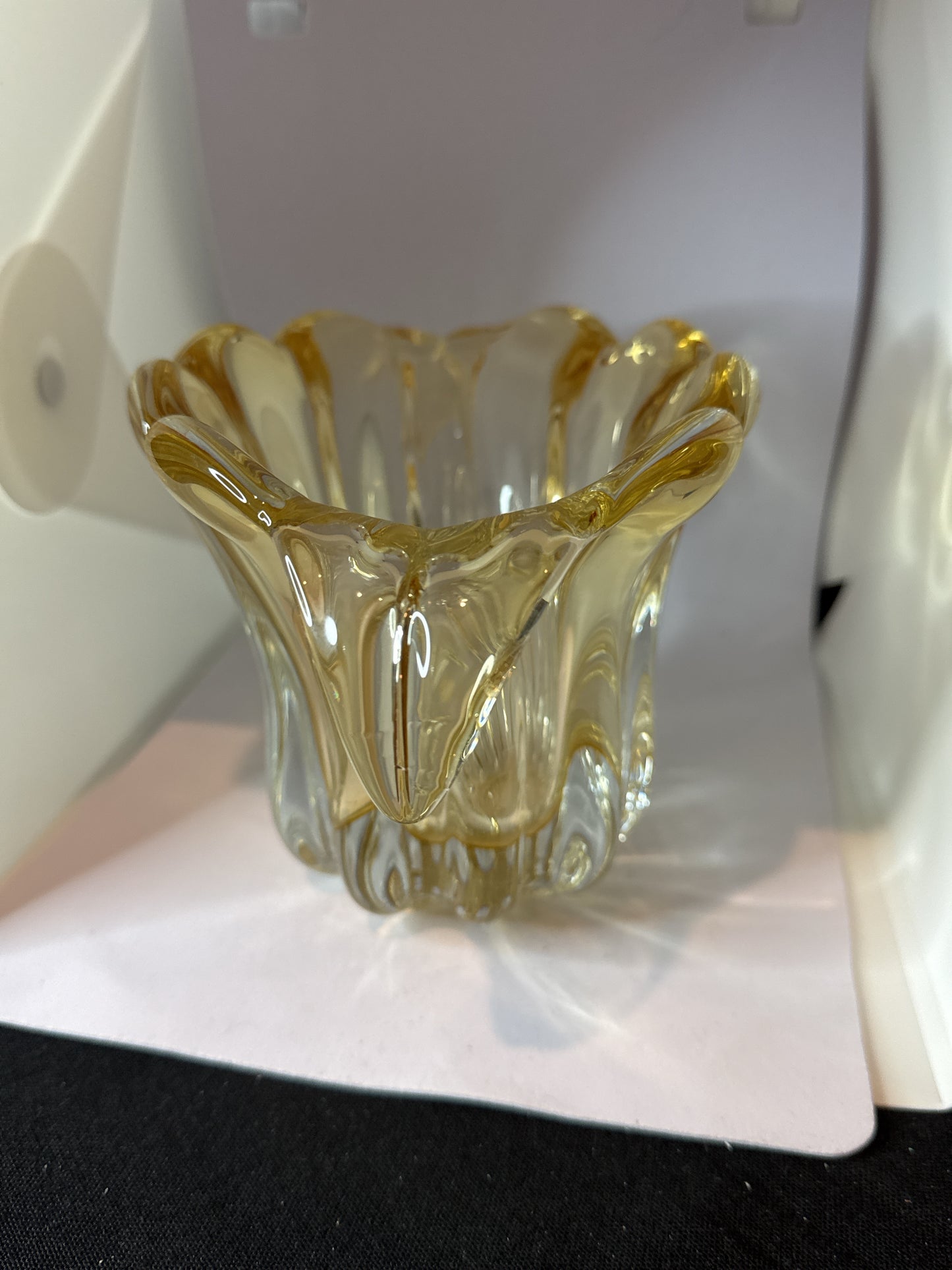 Mid Century Murano for Teleflora Art Glass Citrine Waterfall Floral Vase 9" x 5" x 5.25" Tall