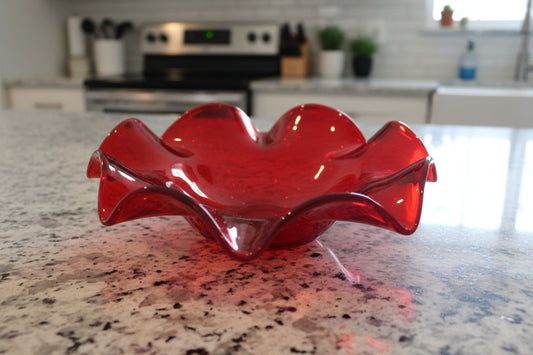 Ruby Red Glass Ruffled Flower Petal Glass Bowl Murano Style Thick Glass 8.5" W x 2.25" Tall