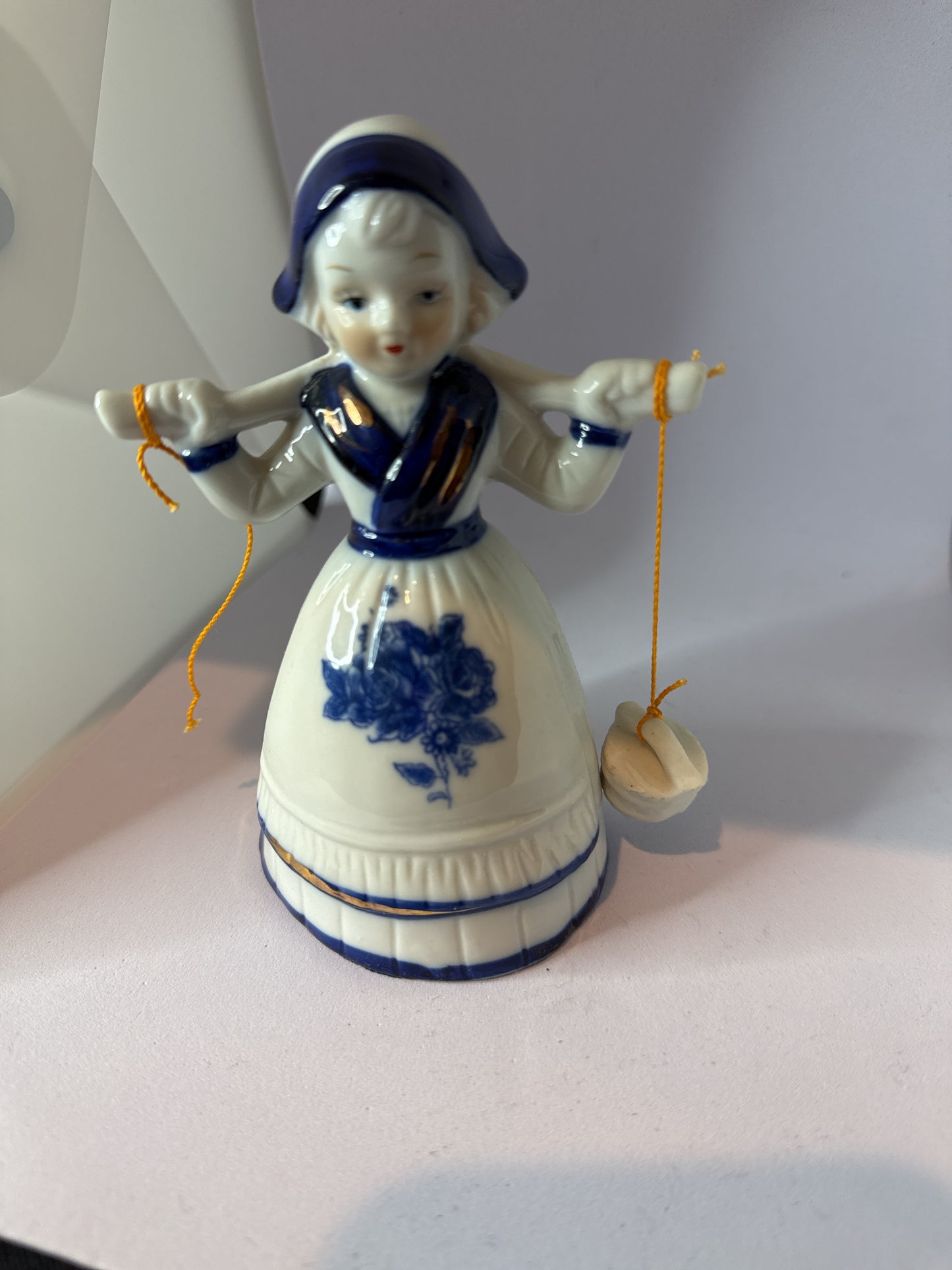 Vintage Delft Blue and White Porcelain Bell Girl Figurine With One Bucket 5.5" Tall